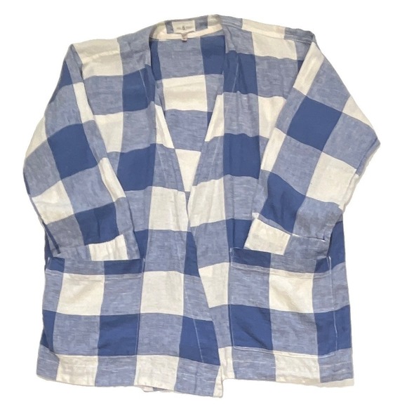 Lou & Grey Sweaters - Lou & Grey Blue White Buffalo Check Linen Blend Open Front Cardigan XS